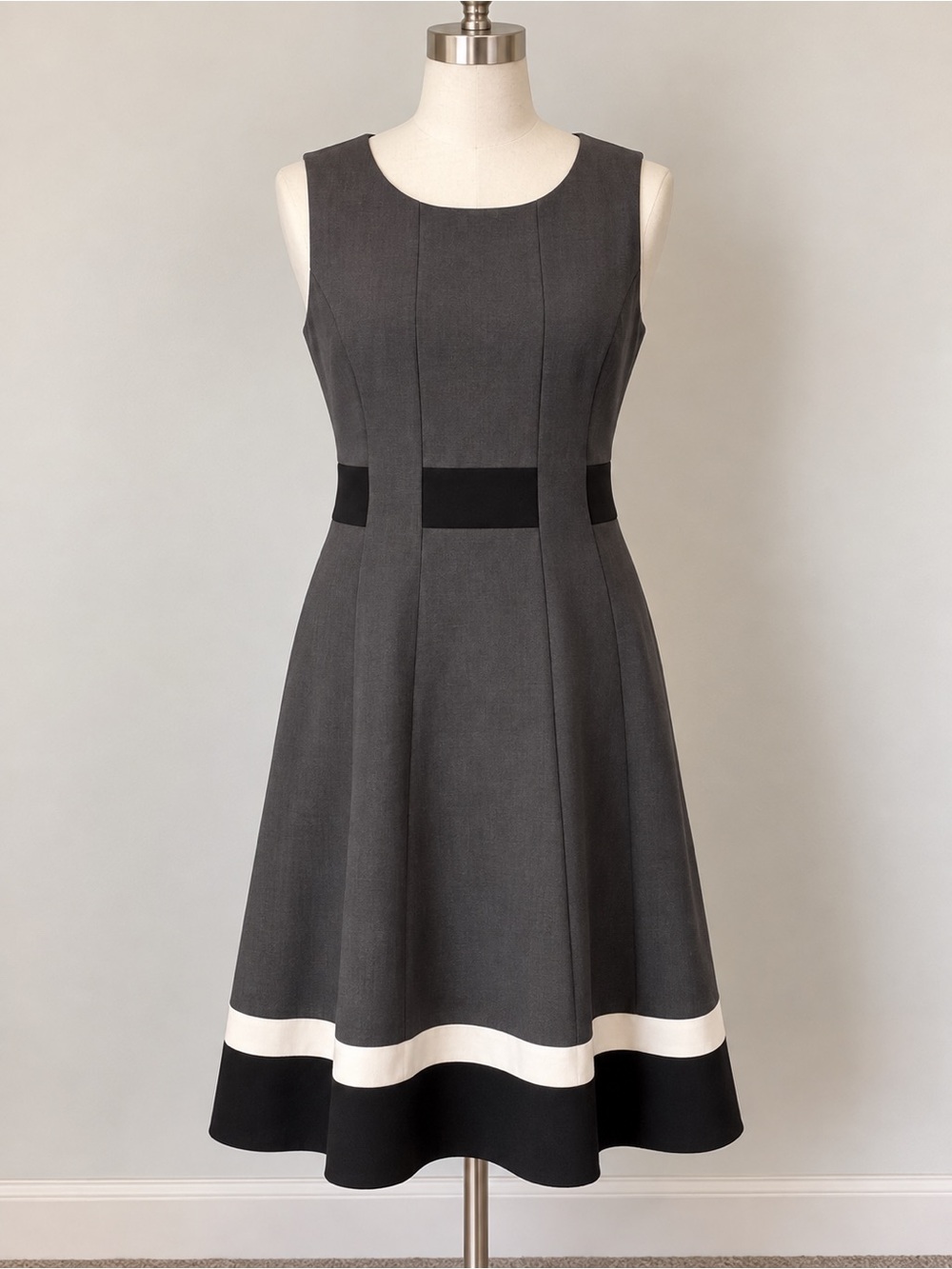 Calvin Klein Gray Sleeveless Fit-and-Flare Dress with Black and White Trim